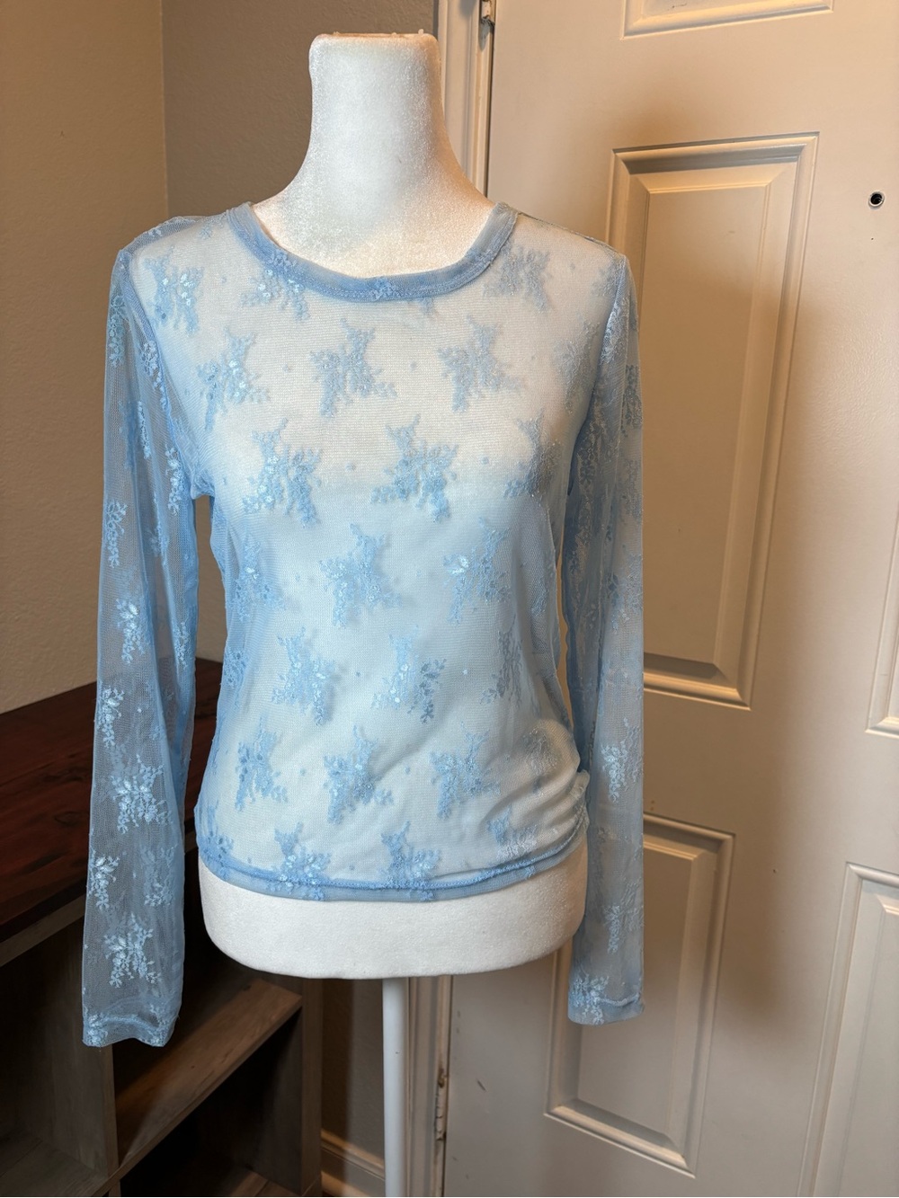 Light Blue Sheer Star Lace Long Sleeve Top